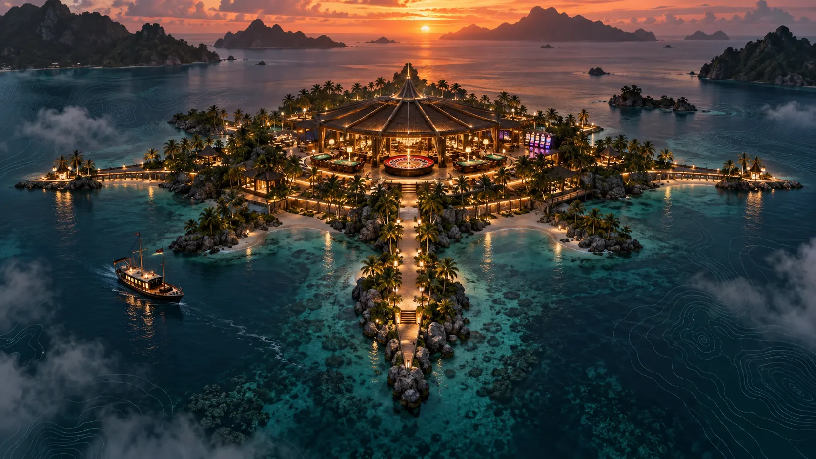 Aerial island casino pavilion at twilight